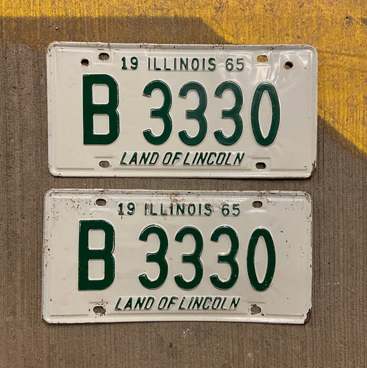 Photo of a 1965 Illinois Truck License Plate Pair Auto Tag Garage Decor Vintage 333 Repeat Repeating B 3330 with original patina