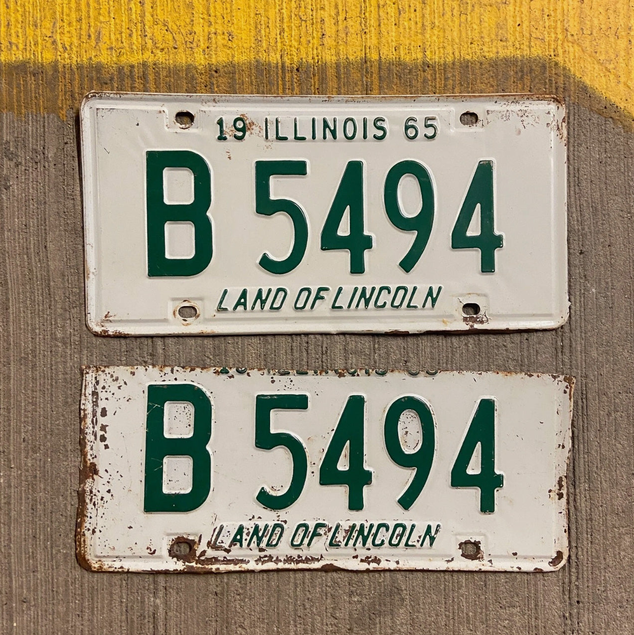 Photo of a 1965 Illinois Truck License Plate Pair Auto Tag Garage Decor Vintage B 5494 with original patina