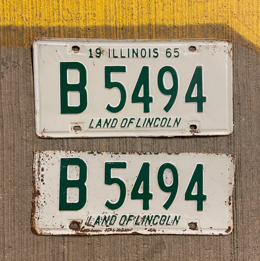 Photo of a 1965 Illinois Truck License Plate Pair Auto Tag Garage Decor Vintage B 5494 with original patina