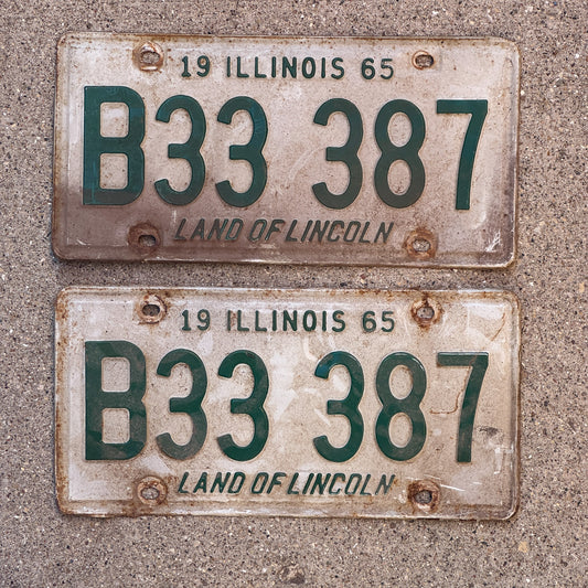 Photo of a 1965 Illinois Truck License Plate Pair Auto Tag Garage Decor Vintage Repeat Repeating B 33 387 with original patina
