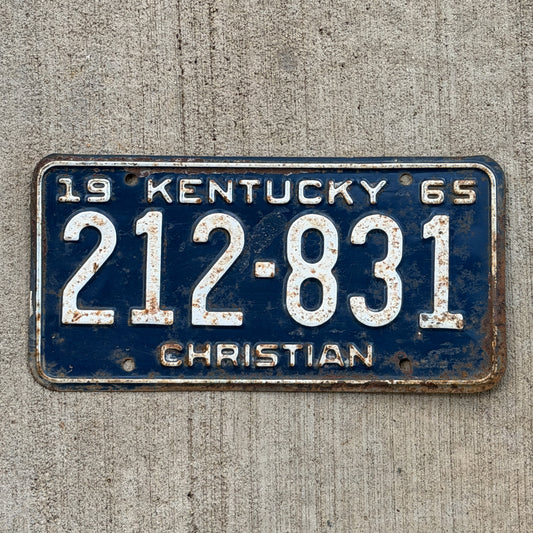 Photo of a 1965 Kentucky License Plate Auto Tag Garage Decor Vintage 212 831 with original patina