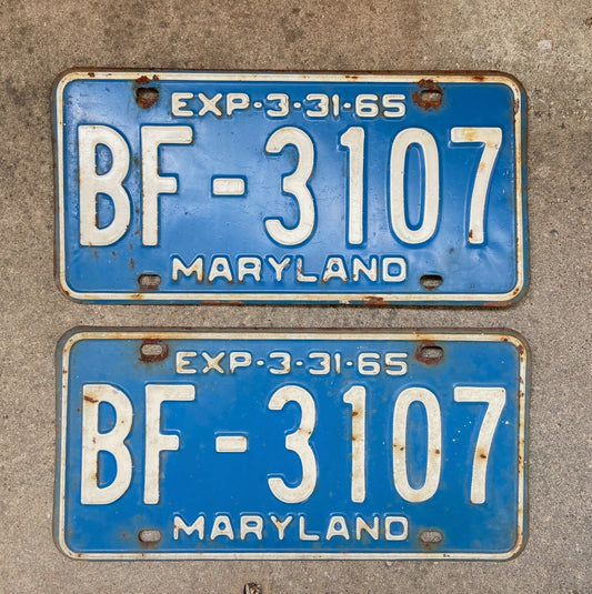 1965 Maryland License Plate Auto Tag BF 3107