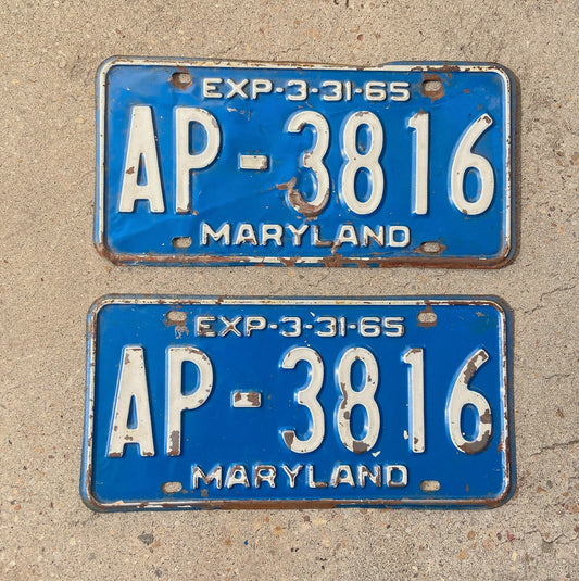 Photo of a 1965 Maryland License Plate Pair Auto Tag Garage Decor Vintage AP 3816 with original patina