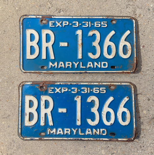 Photo of a 1965 Maryland License Plate Pair Auto Tag Garage Decor Vintage BR 1366 with original patina