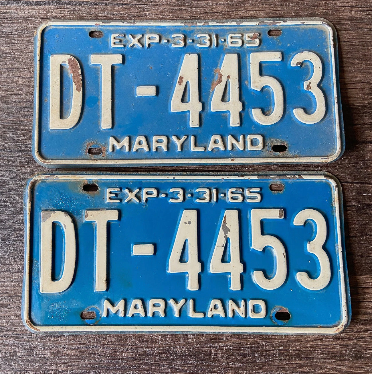 Photo of a 1965 Maryland License Plate Pair Auto Tag Garage Decor Vintage DT 4453 with original patina