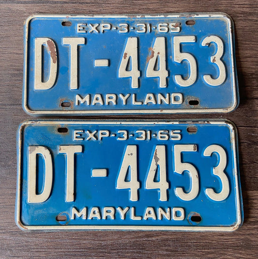 Photo of a 1965 Maryland License Plate Pair Auto Tag Garage Decor Vintage DT 4453 with original patina
