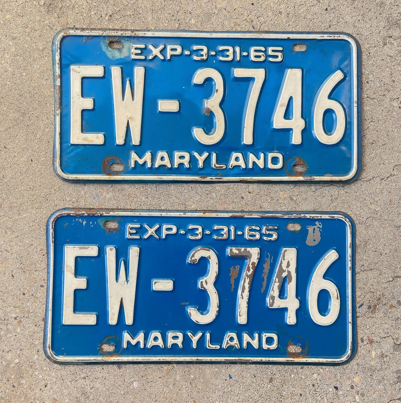 Photo of a 1965 Maryland License Plate Pair Auto Tag Garage Decor Vintage EW 3746 with original patina