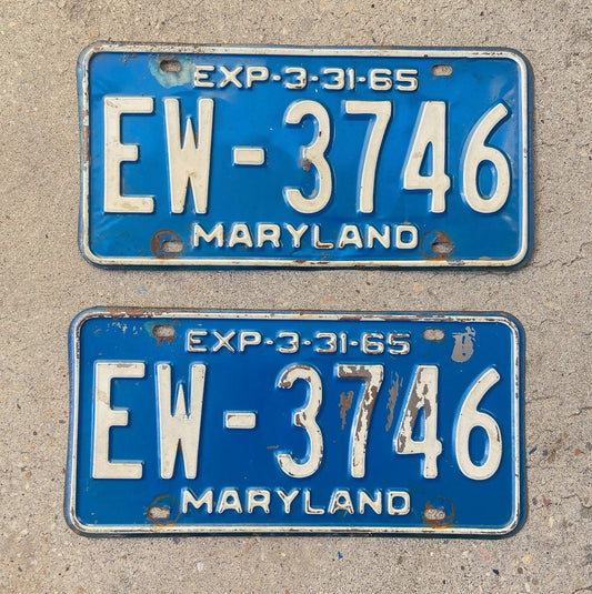 Photo of a 1965 Maryland License Plate Pair Auto Tag Garage Decor Vintage EW 3746 with original patina