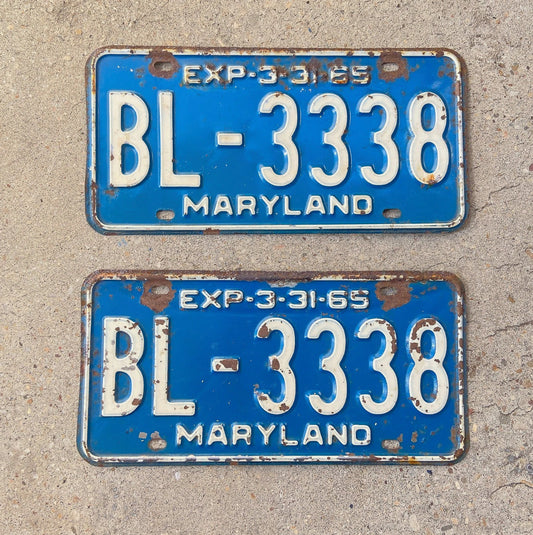 Photo of a 1965 Maryland License Plate Pair Auto Tag Garage Decor Vintage Repeat Repeating BL 3338 with original patina
