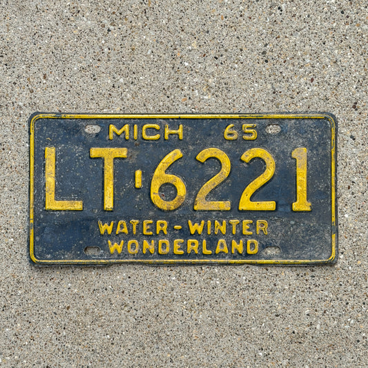 Photo of a 1965 Michigan License Plate Auto Tag Garage Decor Vintage LT 6221 with original patina