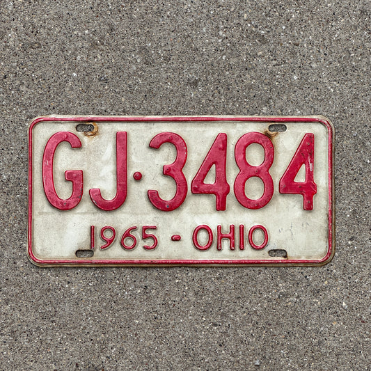 Photo of a 1965 Ohio License Plate Auto Tag Garage Decor Vintage GJ 3484 with original patina