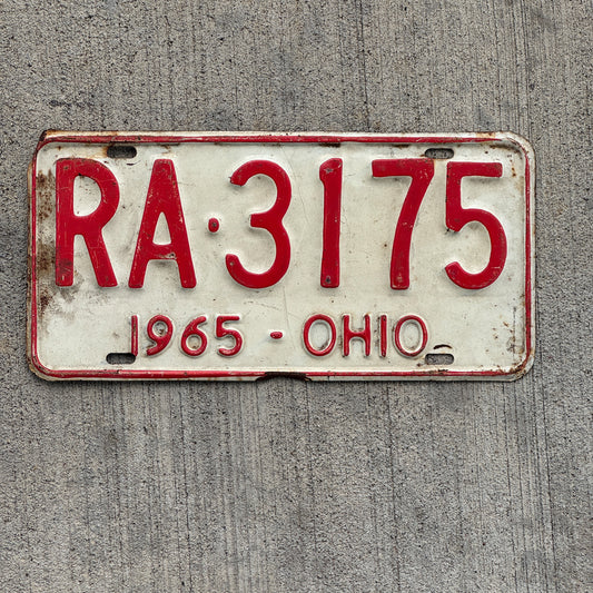 Photo of a 1965 Ohio License Plate Auto Tag Garage Decor Vintage RA 3175 with original patina