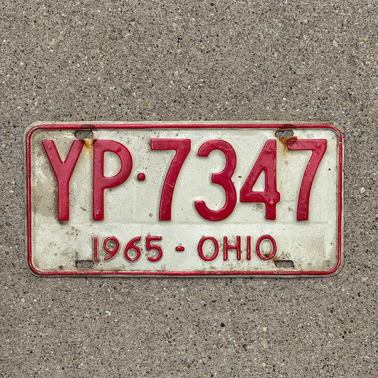 Photo of a 1965 Ohio License Plate Auto Tag Garage Decor Vintage YP 7347 with original patina
