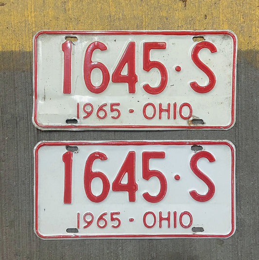Photo of a 1965 Ohio License Plate Pair Auto Tag Garage Decor Vintage 1645 S with original patina