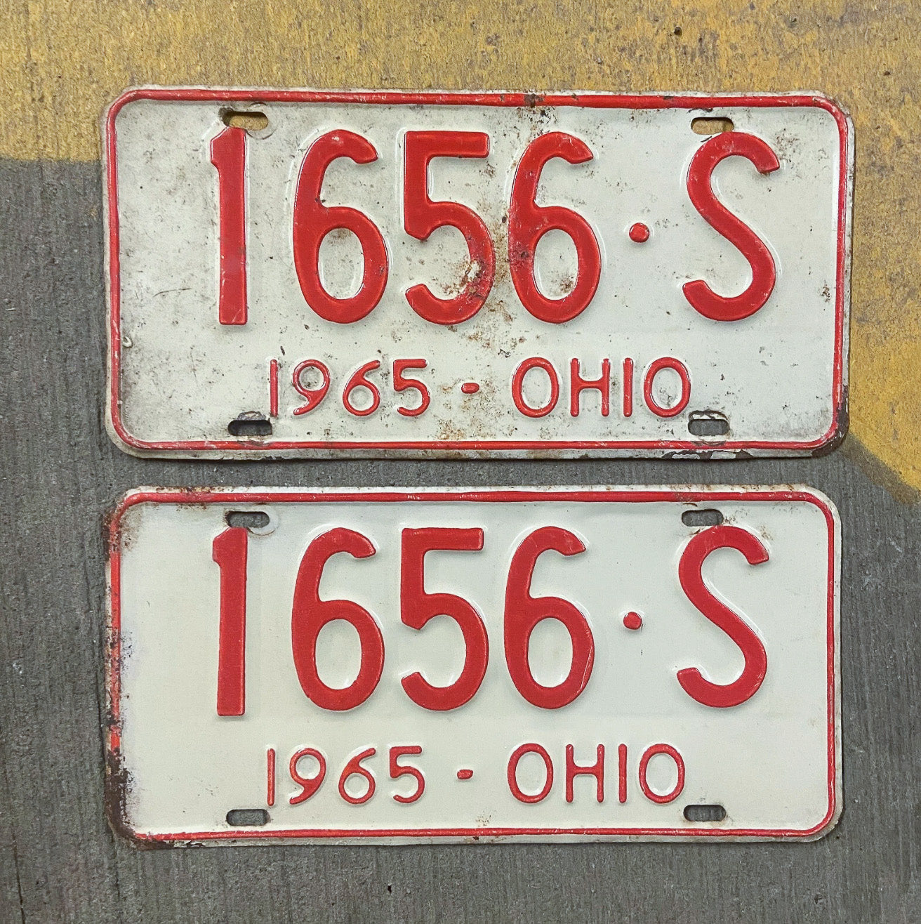 Photo of a 1965 Ohio License Plate Pair Auto Tag Garage Decor Vintage 1656 S with original patina
