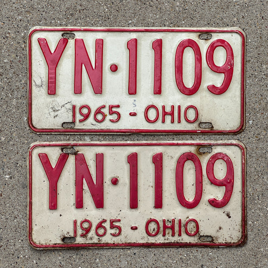 Photo of a 1965 Ohio License Plate Pair Auto Tag Garage Decor Vintage YN 1109 with original patina