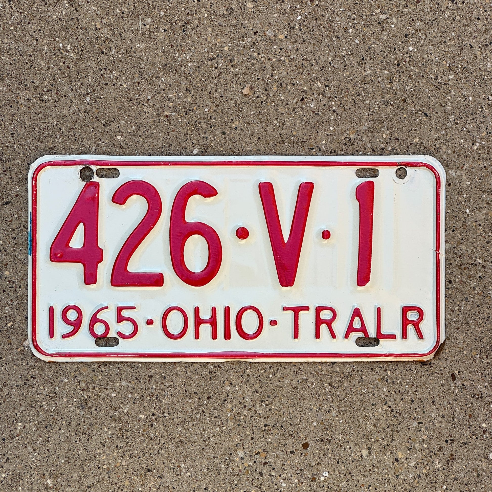 Photo of a 1965 Ohio Trailer License Plate Auto Tag Garage Decor Vintage 426 V 1