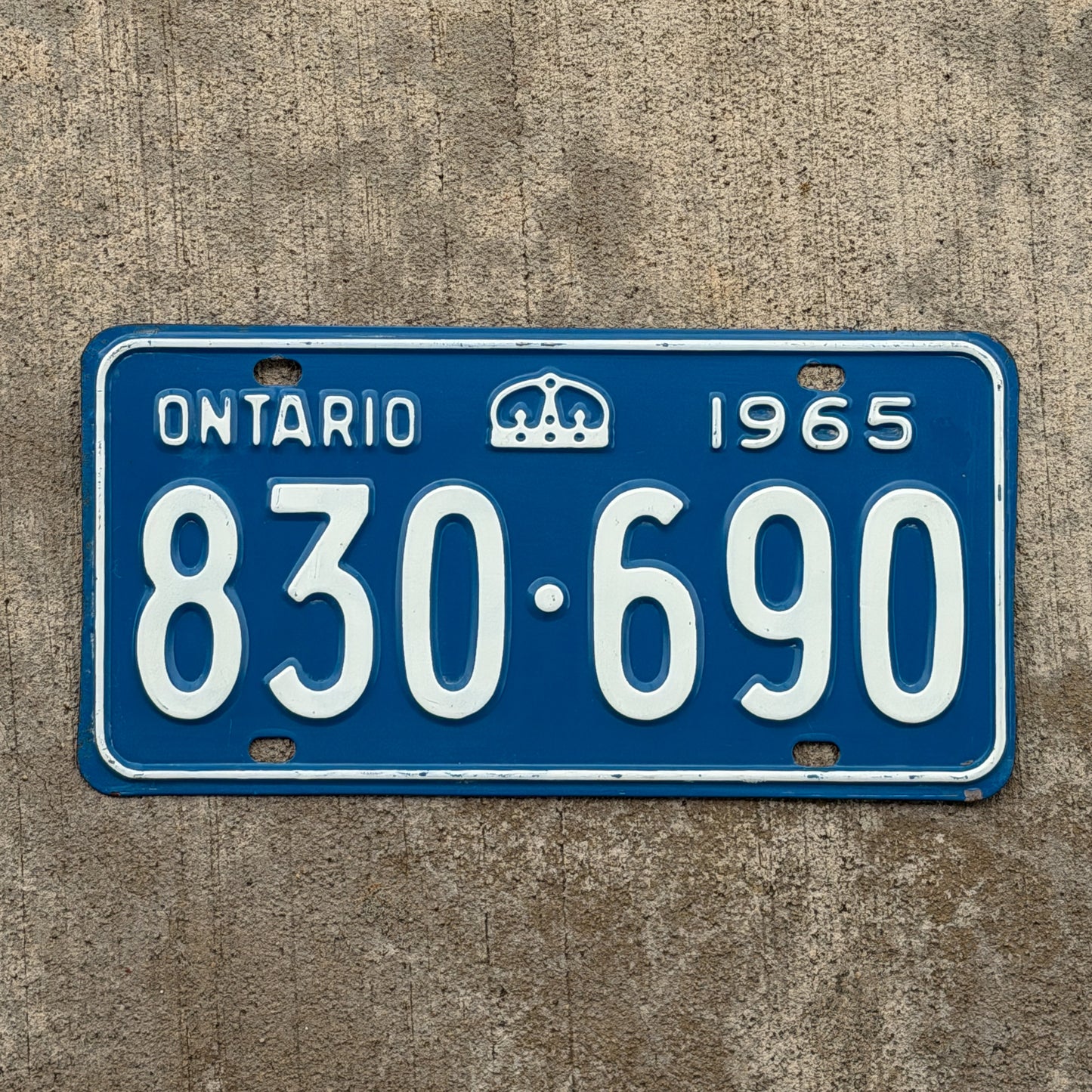Photo of a 1965 Ontario License Plate Auto Tag Garage Decor Vintage 830 690 with original patina