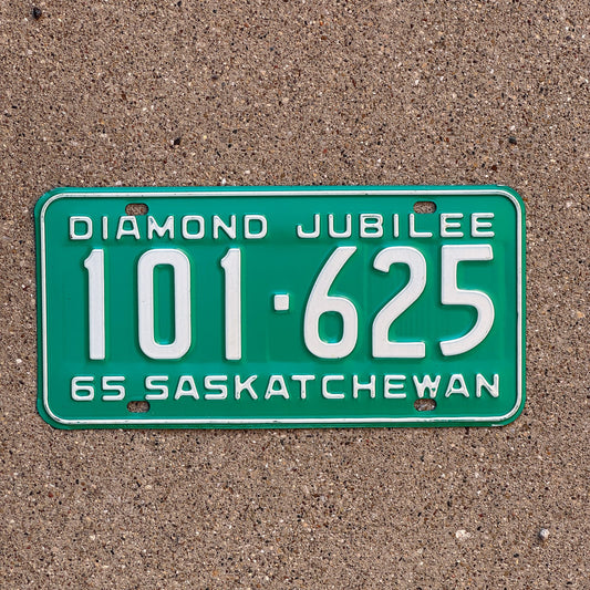 Photo of a 1965 Saskatchewan License Plate Auto Tag Garage Decor Vintage Diamond Jubilee Green 101 625