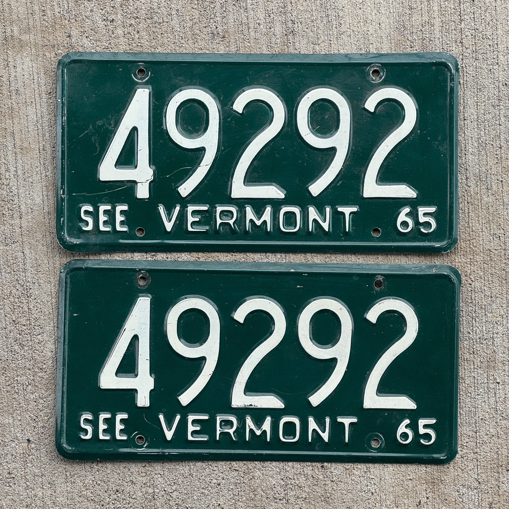 Photo of a 1965 Vermont License Plate Pair Auto Tag Garage Decor Vintage 49292 with original patina