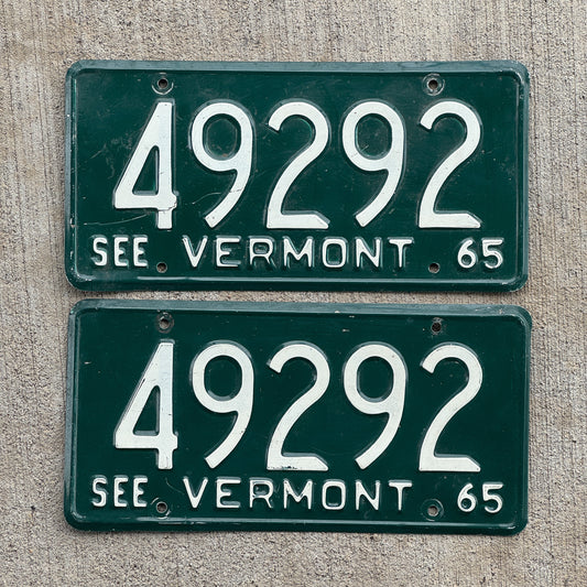 Photo of a 1965 Vermont License Plate Pair Auto Tag Garage Decor Vintage 49292 with original patina