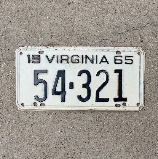 Photo of a 1965 Virginia License Plate Auto Tag Garage Decor Vintage 54321 with original patina