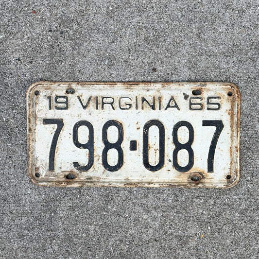 Photo of a 1965 Virginia License Plate Auto Tag Garage Decor Vintage 798 087 with original patina