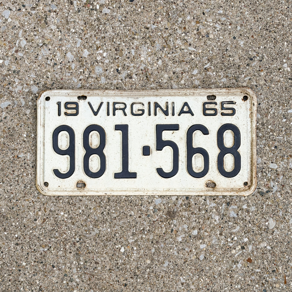 Photo of a 1965 Virginia License Plate Auto Tag Garage Decor Vintage 981 568 with original patina
