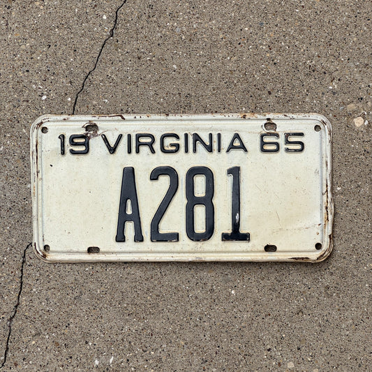 Photo of a 1965 Virginia License Plate Auto Tag Garage Decor Vintage Low Number Three Digit A 281