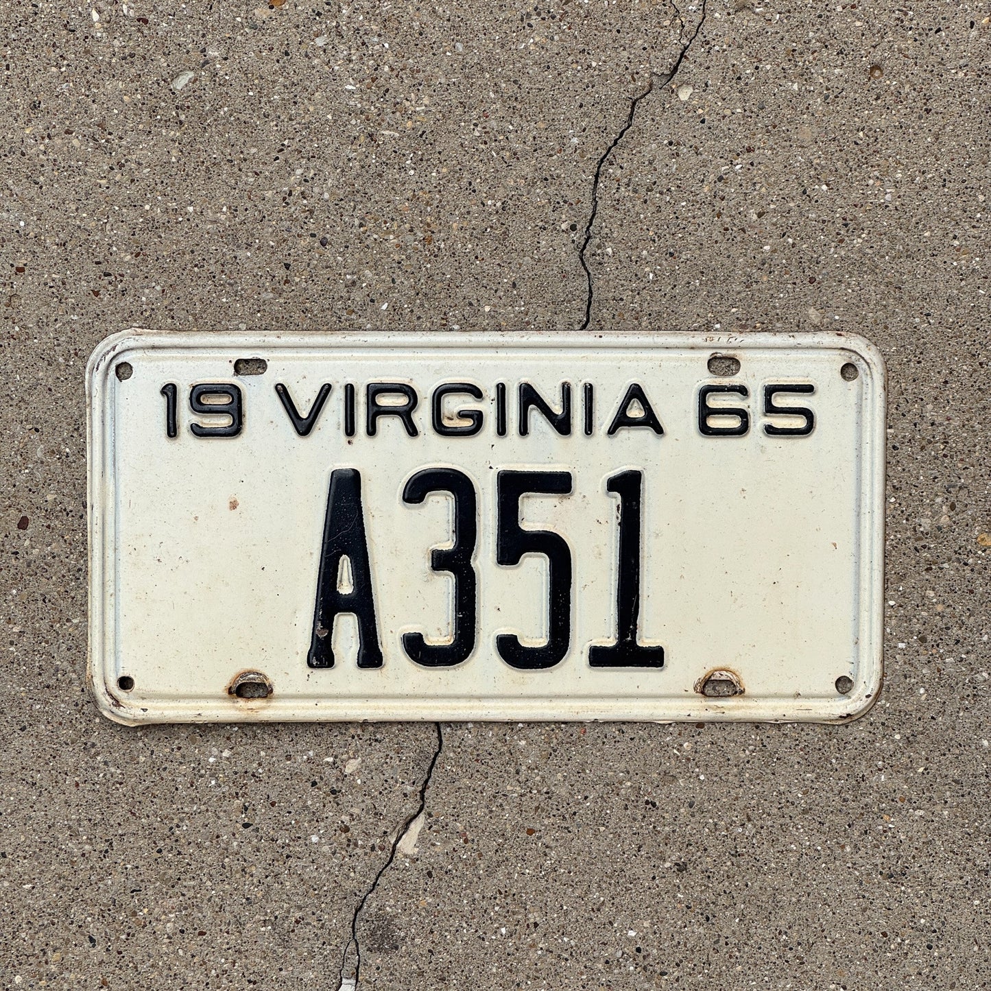 Photo of a 1965 Virginia License Plate Auto Tag Garage Decor Vintage Low Number Three Digit A 351