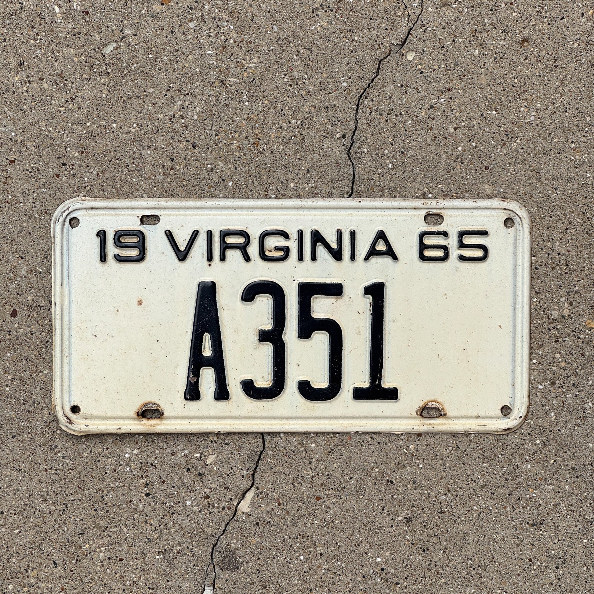 Photo of a 1965 Virginia License Plate Auto Tag Garage Decor Vintage Low Number Three Digit A 351