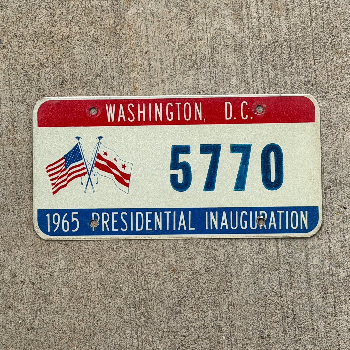 Photo of a 1965 Washington DC Inaugural License Plate Auto Tag Garage Decor Vintage Johnson LBJ Inauguration Politics Political 5770 with original patina