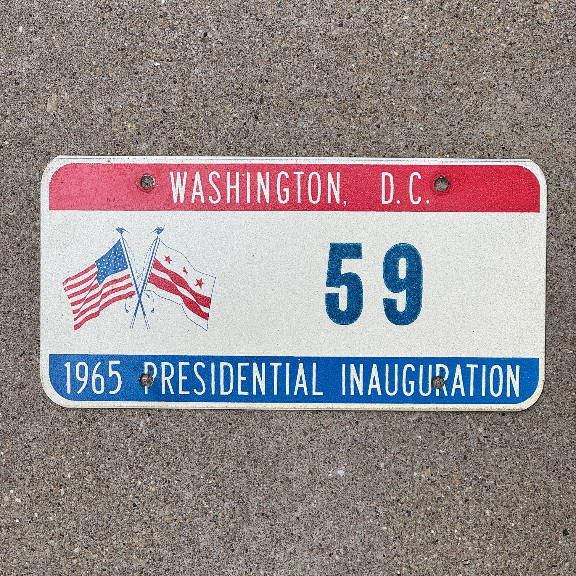 Photo of a 1965 Washington DC Inaugural License Plate Auto Tag Garage Decor Vintage LBJ Johnson Politics Political Low Number Two Digit 59 with original patina
