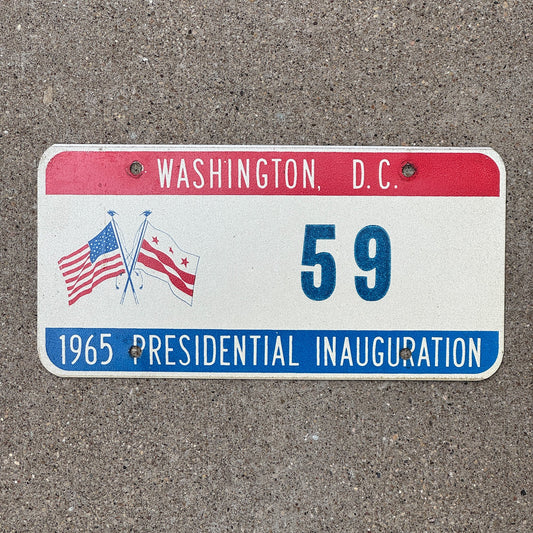 Photo of a 1965 Washington DC Inaugural License Plate Auto Tag Garage Decor Vintage LBJ Johnson Politics Political Low Number Two Digit 59 with original patina