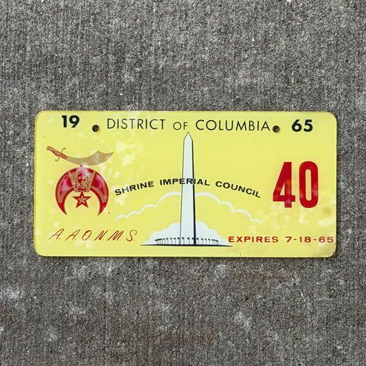 Photo of a 1965 Washington DC Shriners License Plate Auto Tag Garage Decor Vintage 91st Shrine Imperial Council 40 with original patina