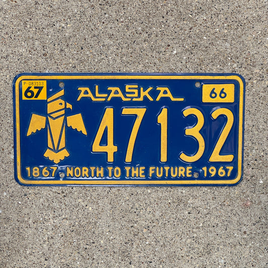 Photo of a 1966 1967 Alaska License Plate Auto Tag Garage Decor Vintage Eagle Totem 47132 with original patina
