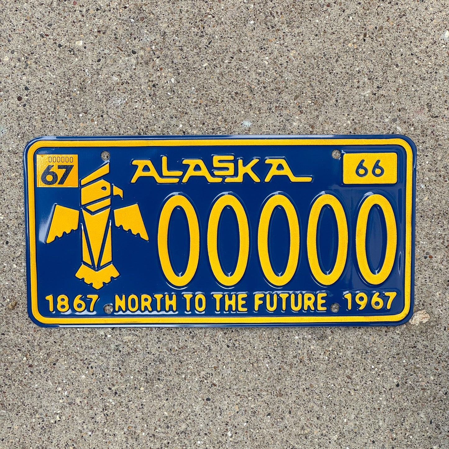 Photo of a 1966 1967 Alaska Sample License Plate Auto Tag Garage Decor Vintage Eagle Totem 00000 with original patina