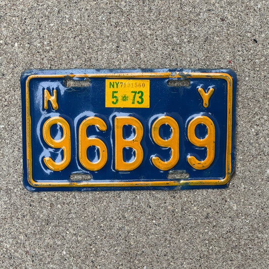 Photo of a 1966 1973 New York Motorcycle License Plate Auto Tag Garage Decor Vintage 96B99 with original patina