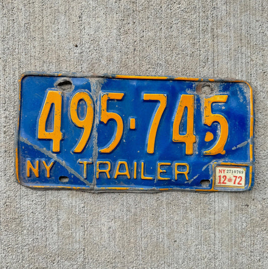 Photo of a 1966 1973 New York Trailer License Plate Auto Tag Garage Decor Vintage Blue 495 745