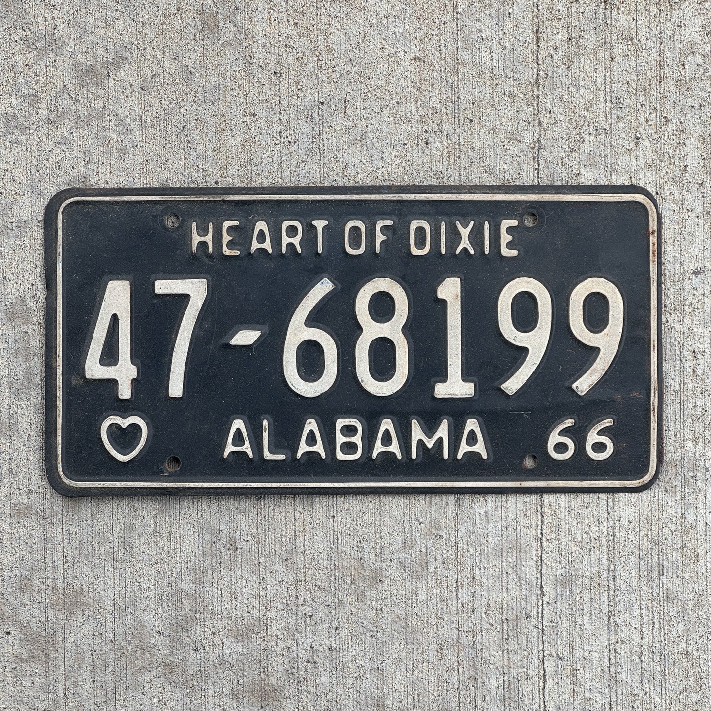 Photo of a 1966 Alabama License Plate Auto Tag Garage Decor Vintage Heart of Dixie 47 68199 with original patina