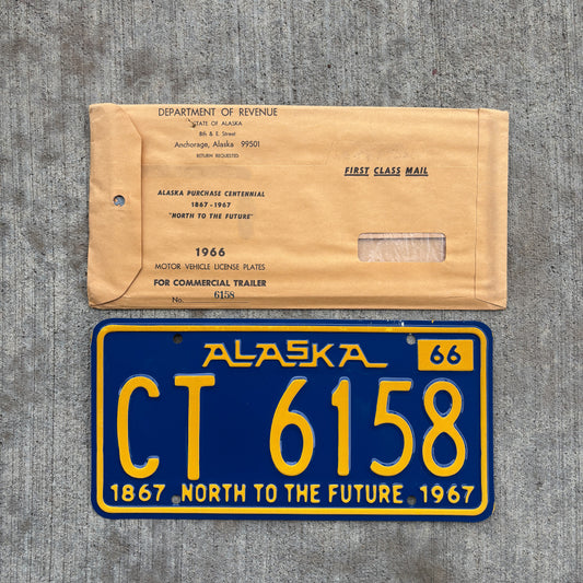 Photo of a 1966 Alaska Trailer License Plate Auto Tag Garage Decor Vintage Commercial With Envelope High Quality CT 6158 with original patina