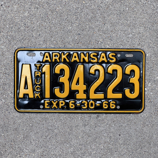 Photo of a 1966 Arkansas Truck License Plate Auto Tag Garage Decor Vintage A 134223 with original patina