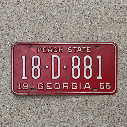 Photo of a 1966 Georgia License Plate Auto Tag Garage Decor Vintage 18 D 881 with original patina