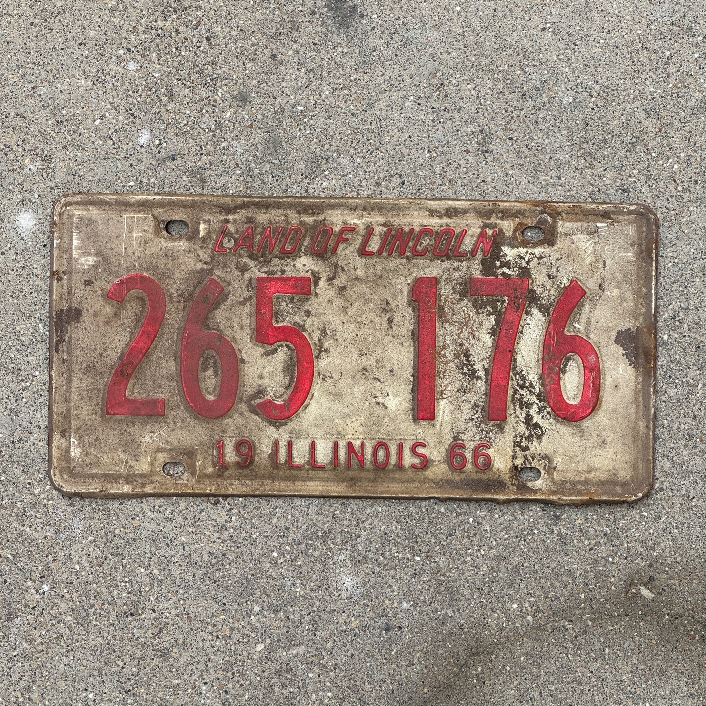 Photo of a 1966 Illinois License Plate Auto Tag 1 Vintage Garage 265 176 with original patina
