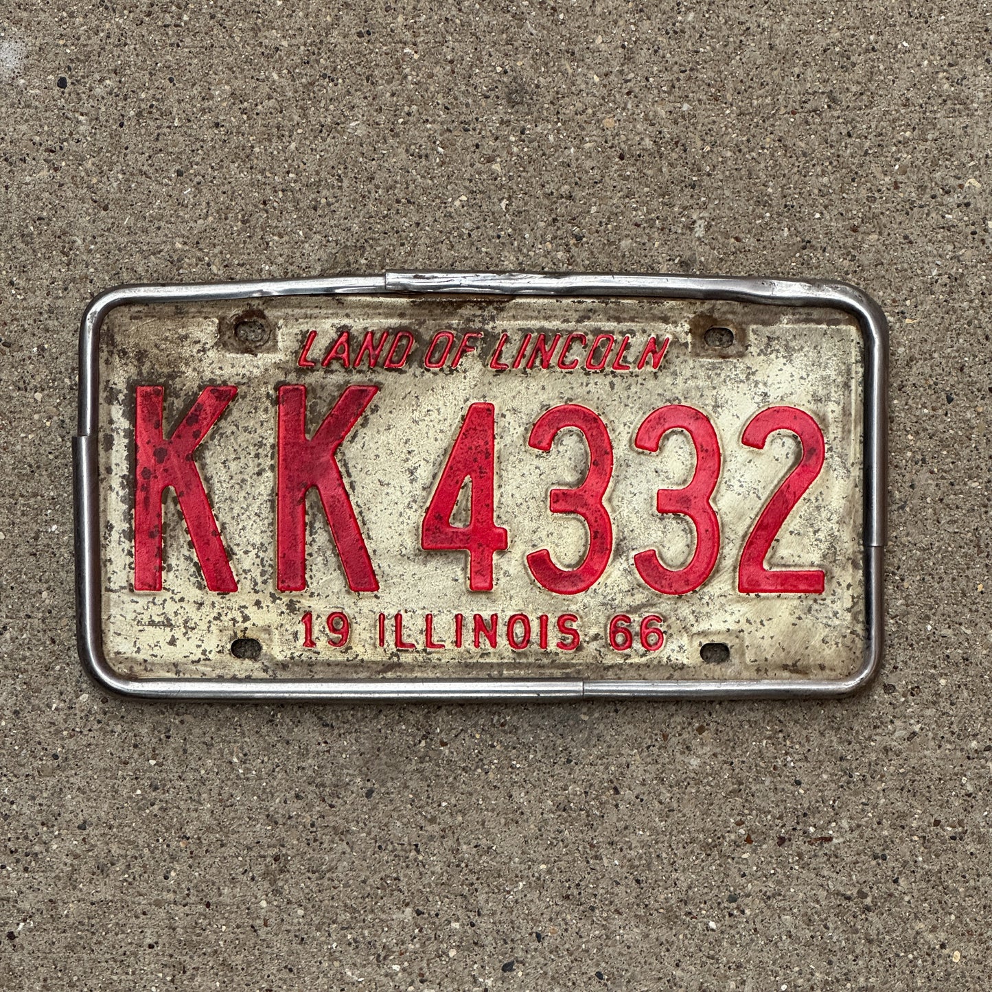 Photo of a 1966 Illinois License Plate Auto Tag 1 Vintage Garage KK 4332 with original patina