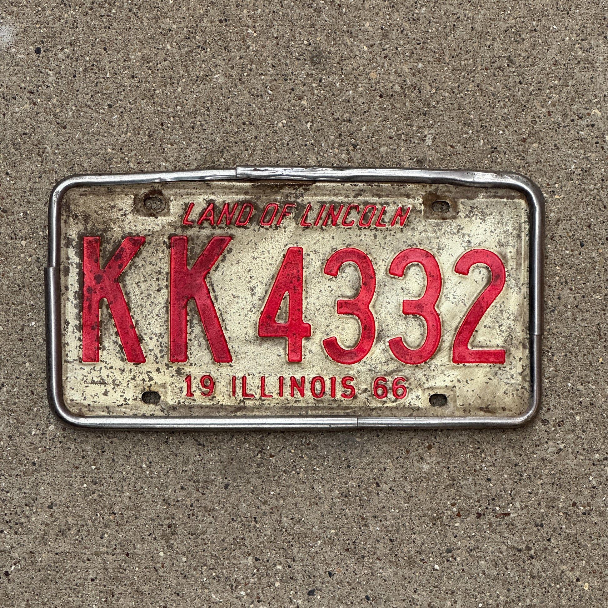 Photo of a 1966 Illinois License Plate Auto Tag 1 Vintage Garage KK 4332 with original patina