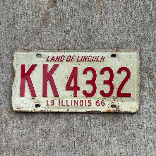 Photo of a 1966 Illinois License Plate Auto Tag 2 Vintage Garage KK 4332 with original patina