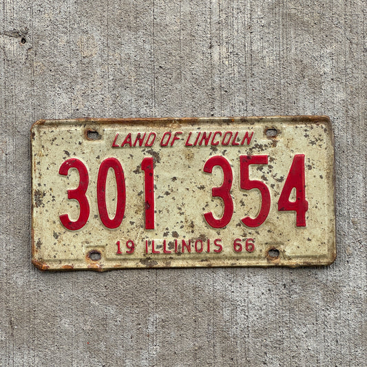 Photo of a 1966 Illinois License Plate Auto Tag Garage Decor Vintage 301 354 with original patina