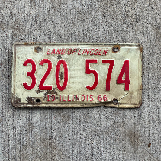Photo of a 1966 Illinois License Plate Auto Tag Garage Decor Vintage 320 574 with original patina