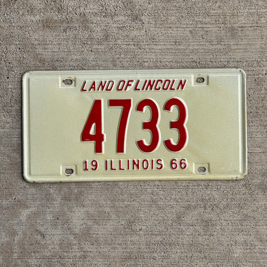 Photo of a 1966 Illinois License Plate Auto Tag Garage Decor Vintage Low Number Four Digit 4733 with original patina